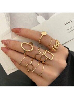 Gold 11pc Geometric Leaf Ring Set